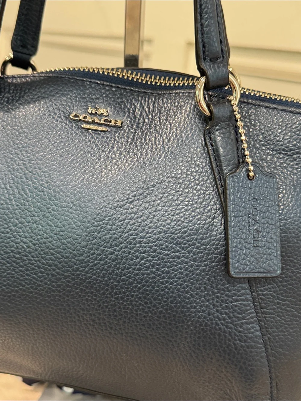 COACH Bag Mini Kelsey Pebbled Leather Metallic Navy Tote Crossbody - Picture 6 of 17
